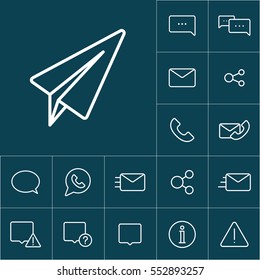 thin line telegram, plane icon on blue background, communication set