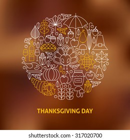 Thin Line Thanksgiving Day Holiday Icons Set Circle Shaped Concept. Vector Illustration of Thanksgiving Dinner Objects over Blurred Background. Traditional National Dinner