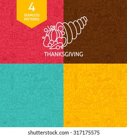 Thin Line Thanksgiving Day Holiday Patterns Set. Four Vector Autumn Thanksgiving Dinner Design and Seamless Background in Trendy Modern Line Style. Traditional National Celebration