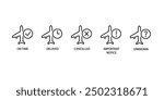 Thin line three airport information icons. simple style trend modern stroke minimal logotype graphic design isolated on white background. concept of inform icons for airline and cancellation or delay