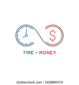 thin line time is money concept. outline infinity symbol with clock and coin. linear future income logo. editable stroke. isolated on white background. vector illustration