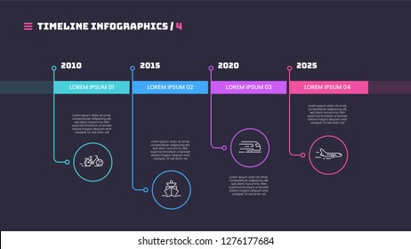 Thin line timeline minimal infographic concept with four periods of time. Vector template for web, presentations, reports, visualizations. Editable stroke.