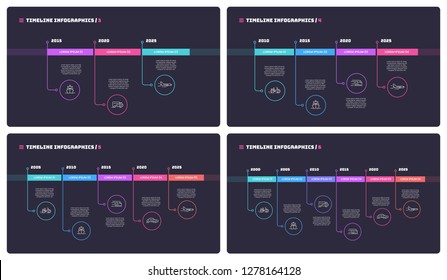 Thin line timeline minimal infographic concepts with 3 4 5 and 6 periods of time. Vector templates for web, presentations, reports, visualizations. Editable stroke.