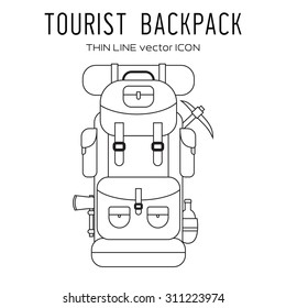 Thin line tourist hiker backpack icon. Adventure traveler backpacker rucksack outline pictogram for web an applications. Vector isolated on white.