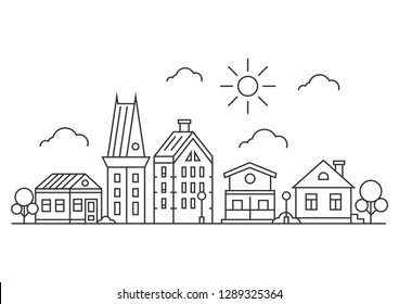 Thin line town landscape concept. linear cityscape with buildings sun and trees. in flat outline style. on white background. Vector illustration