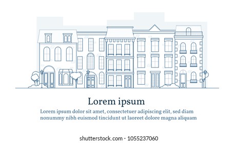 Thin line traditional old europe house skyline vector with place for text. Classic historic european townhouse buildings street in lineart.