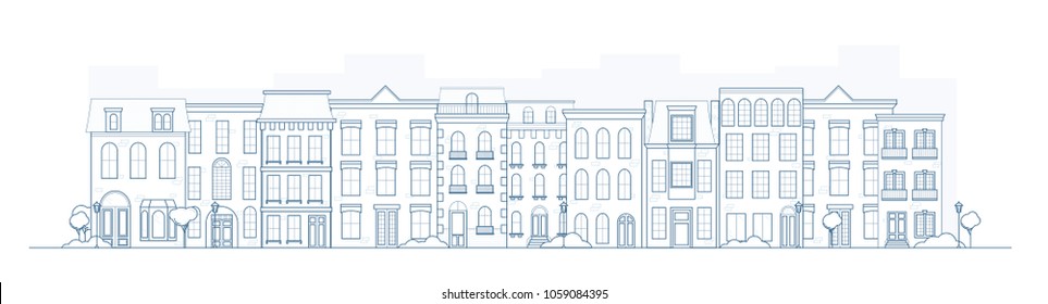Thin line traditional old europe house skyline vector. Classic historic european townhouse buildings street in lineart.