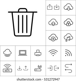 thin line trash bin icon on white background, web internet icons set