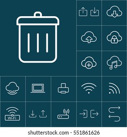thin line trash bin icon on blue background, web internet icons set