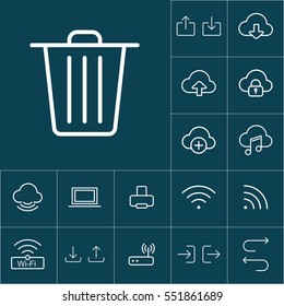 thin line trash bin icon on blue background, web internet icons set