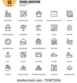 Thin line travel and tourism, for travel agencies icons set for website and mobile site apps. Contains such Icons as Booking, Summer Holiday. 48x48 Pixel Perfect. Editable Stroke. Vector illustration.