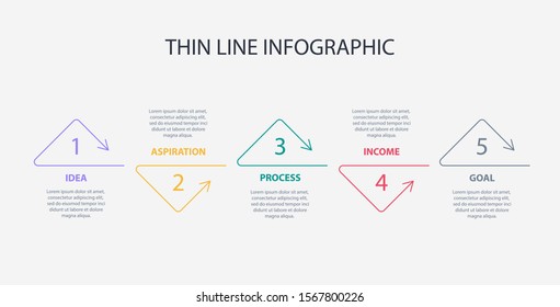 Thin line triangle arrow infographics template with 5 options or steps. Infographics for business concept, presentation, web design, banners, diagram, workflow, timeline.  Vector eps 10