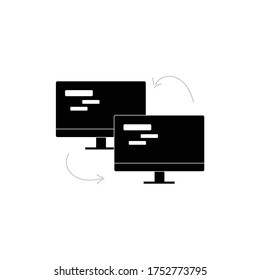 Thin line two computers vector on white background; file transfer, sharing or network symbols with monitors linked to each other. Minimalist business icons. Simple workplace symbols.
