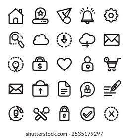 Thin Line UI-UX Icons Set - Home, Cloud, Lock, Heart, Cart, Mail, Search, and More