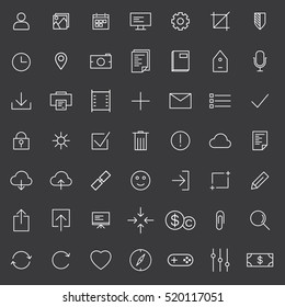 thin line universal icons set  of finance, marketing, shopping, internet, user interface, navigation, media, on dark background