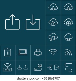 thin line upload, download icon on blue background, web internet icons set