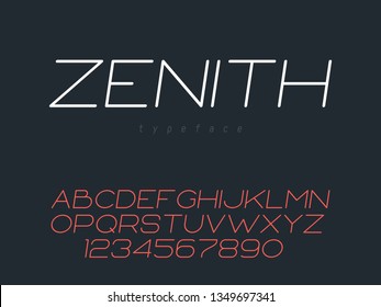 Thin line uppercase font. Latin alphabet letters and numbers. Vector illustration