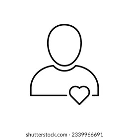 Thin-line-Benutzersymbol mit Herz. Konzept der freundlichen, Unterstützung, Teamwork, Berater, Geschenk, Geständnis, Avatar. einzeln auf weißem Hintergrund. Trend im linearen Stil, moderne Logo-Design, Vektorgrafik