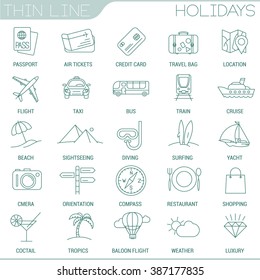 Thin line vacation and travel vector interface icon set