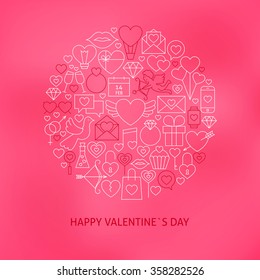 Thin Line Valentine Day Icons Set Circle Concept. Vector Illustration of Modern Love Wedding Objects over Pink Blurred Background.