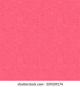 Thin Line Valentine Day Pink Seamless Pattern. Vector Website Design and Seamless Background in Trendy Modern Line Style. Love Wedding.