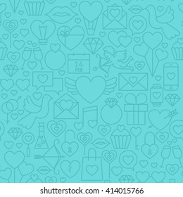 Thin Line Valentine Day Seamless Blue Pattern. Vector Website Design and Seamless Background in Trendy Modern Line Style. Love Wedding.