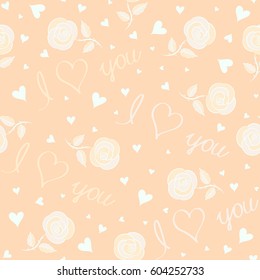 Thin Line Valentine Day seamless pattern with hearts, flower and love text. Vector Website Design and seamless Background in Trendy Modern Line Style in beige Colors. Love Wedding.