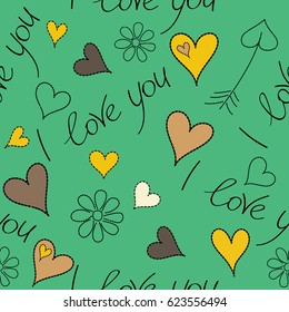 Thin Line Valentine Day seamless pattern with hearts, flower and I love you text. Vector Website Design and seamless Background in Trendy Modern Line Style in beige, green and yellow Colors.