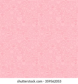 Thin Line Valentine`s Day Pink Seamless Pattern. Vector Website Design and Seamless Background in Trendy Modern Line Style. Love Wedding.