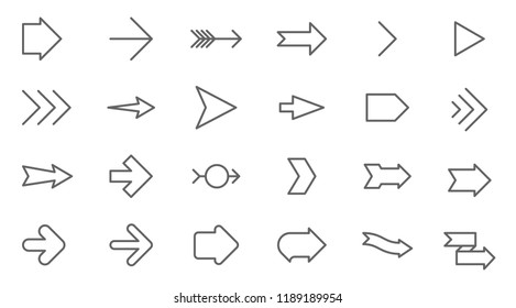 Thin line vector arrows icon set. Flat design media controls and pointers  collection  on white background. Lines only, easy to edit line weight