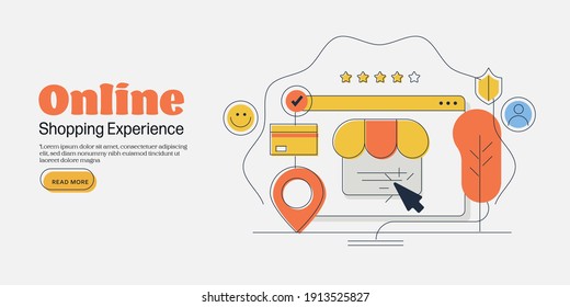 Thin line vector artwork of online shopping, eCommerce, Online delivery, Secure payment - conceptual illustration template