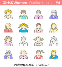 Thin line vector avatars group of people. Girl and woman icon set on white background. Premium quality outline collection. Suitable for infographics, web graphics, social networks, presentation