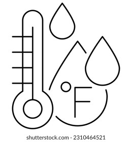 Thin line vector black icon of the water temperature measured in degrees Fahrenheit. Simple modern minimal water quality measurement symbol isolated on transparent background. Line thickness editable