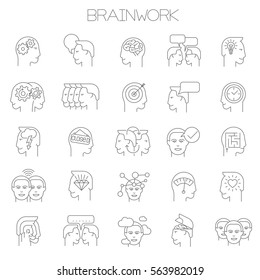 Thin line vector brainstorming business icon set. Flat design intellectual teamwork and creativity  symbols collection  on white background. Lines only, easy to edit line weight