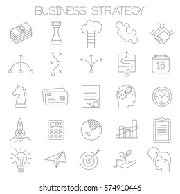 Thin line vector business strategy  icon set. Flat design intellectual teamwork and creativity symbols collection on white background. Lines only, easy to edit line weight