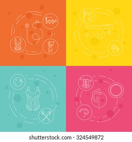 Thin line vector concept with rhythmic gymnastics equipment and elements. Perfect illustration for banner or flyer. Sport and fitness vector.