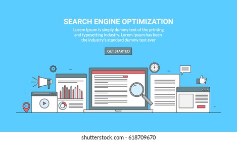 Thin line vector concept of search engine optimization, digital marketing and social media optimization isolated on blue background