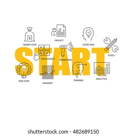 Thin line vector design with inscription and flat icons and pictograms. Can be used for apps, infographic and other projects and materials