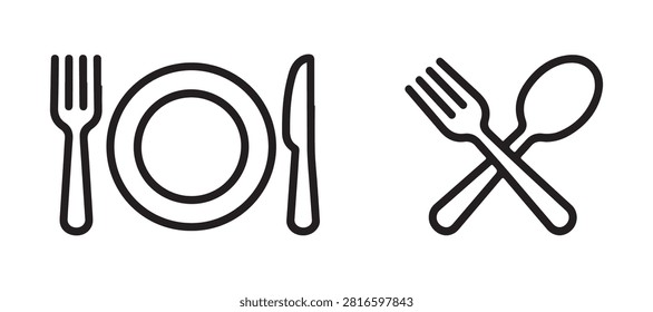 Thin line vector graphics for dining establishment featuring essential kitchenware and tableware silhouettes.