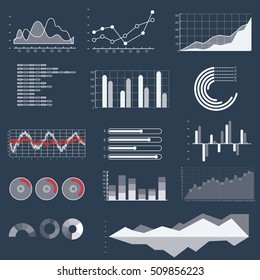 Thin line vector graphs, charts and diagrams with flat elements. Outline diagram, graphs and charts in linear style, infographic for business presentation illustration