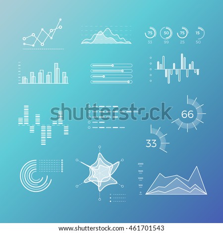 Thin line vector graphs, charts and diagrams with flat elements. Outline diagram, graphs and charts in linear style, infographic for business presentation illustration