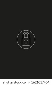 A thin line vector icon of the locked padlock in a circle on a black background, a modern minimalist thin line security icon 
