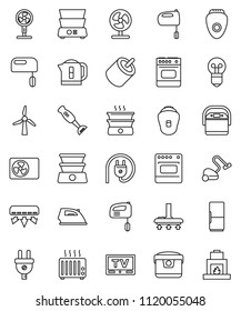 thin line vector icon set - vacuum cleaner vector, iron, mixer, double boiler, blender, tv, rca, windmill, air conditioner, ari condition, fridge, power plug, multi cooker, oven, epilator, fan, bulb