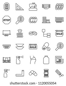 thin line vector icon set - sprayer vector, plates, colander, cookbook, jar, pasta, corner ruler, money search, buttocks, pills, stadium, Railway carriage, truck trailer, newspaper, hierarchy, stop