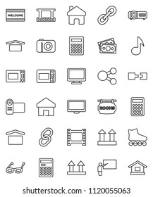 thin line vector icon set - welcome mat vector, microwave oven, blackboard, glasses, calculator, music, roller Skates, money, dry cargo, top sign, film frame, monitor, link, share, home, connection
