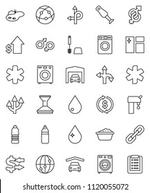 thin line vector icon set - water drop vector, car fetlock, window cleaning, toilet brush, washer, foam basin, blender, exchange, dollar growth, bottle, route, internet, ambulance star, gender sign