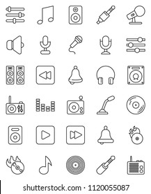 thin line vector icon set - bell vector, music, disk, hit, microphone, radio, speaker, equalizer, headphones, play button, forward, backward, jack