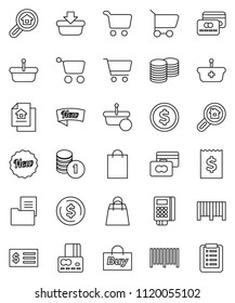 thin line vector icon set - dollar coin vector, cart, credit card, stack, receipt, estate document, search, new, shopping bag, buy, barcode, reader, basket, list