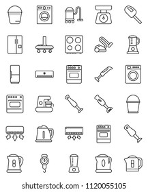 thin line vector icon set - vacuum cleaner vector, bucket, kettle, scales, oven, blender, air conditioner, fridge, washer, coffee maker