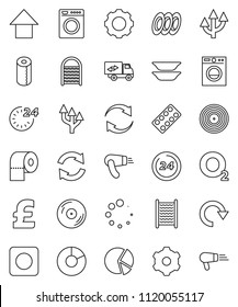 thin line vector icon set - washboard vector, toilet paper, plates, pie graph, arrow up, pound, oxygen, disk, rec button, pills blister, gear, refresh, redo, loading, route, relocation truck, washer